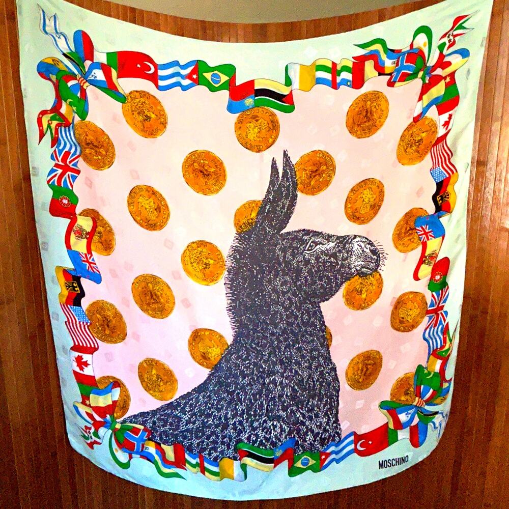 Vintage 80s 90s Moschino Silk Scarf Donkey Gold Coins Lario Seta Como
